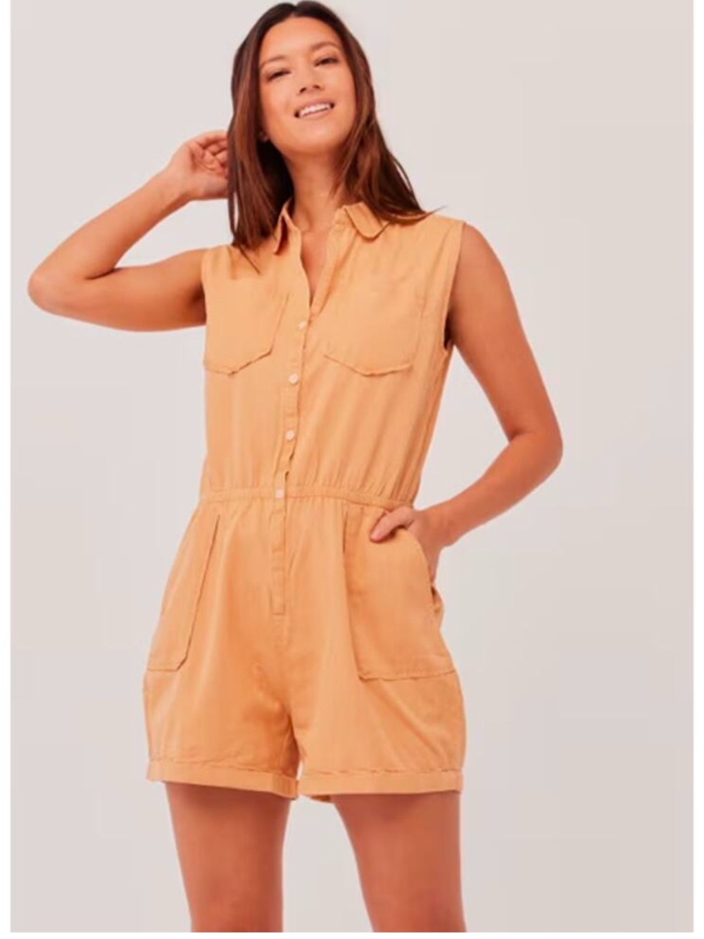 Pact Organic Cotton Sleeveless Romper Size L Tan Button Front Utility Minimalist
